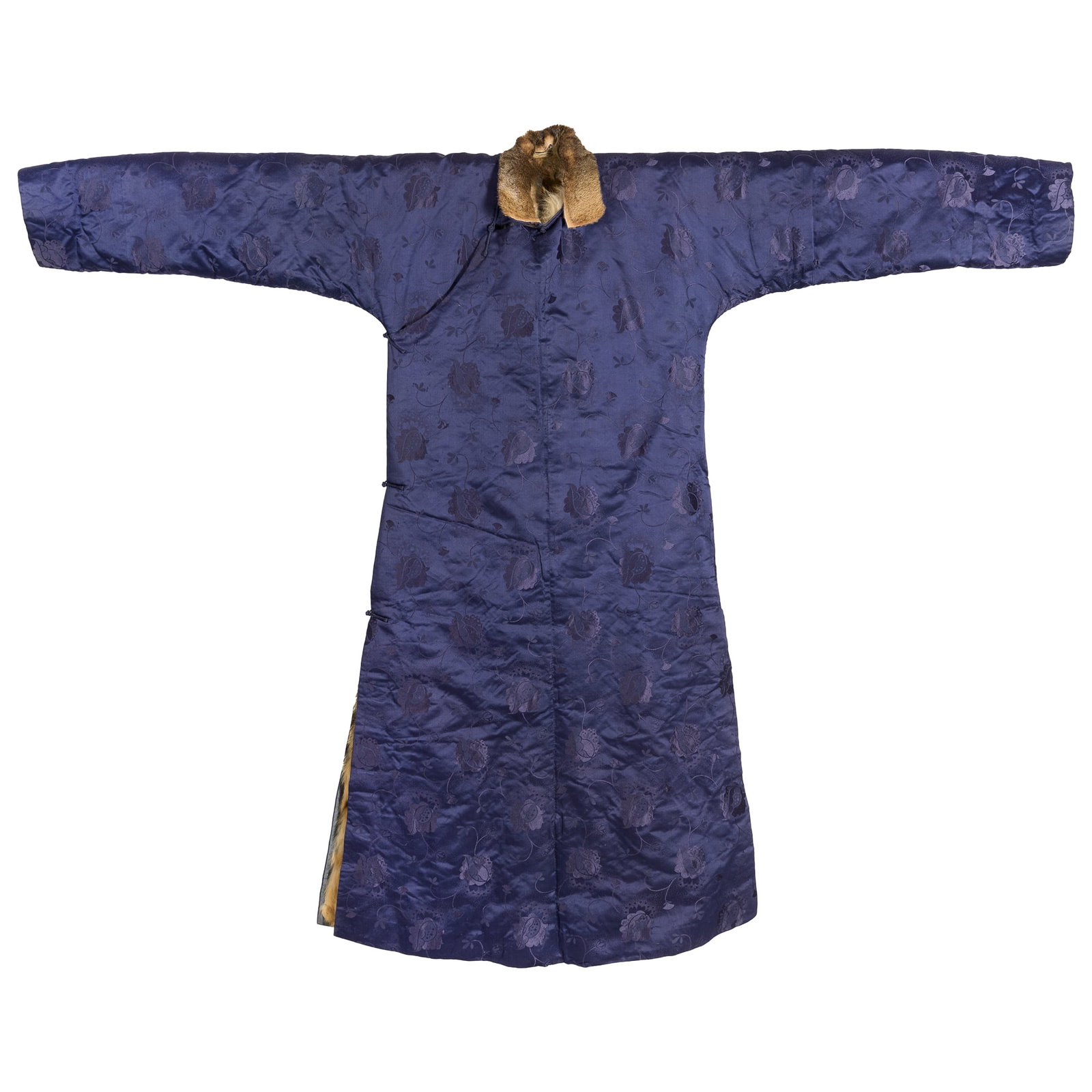 A Chinese slate-blue satin coat with fur lining, Republic period: A Chinese slate-blue satin coat with fur lining Republic period H: 50, W: 62 in. (H: 127, W: 157.48 cm.) Collection of Mrs. Lei, Silver Spring, Maryland. The item was inherited from her father in Hong