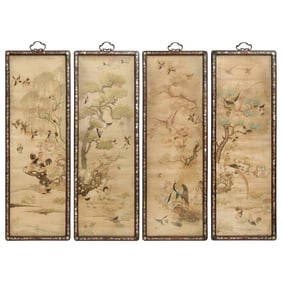 Four Chinese Canton silk panels, 19th century