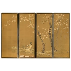 A Chinese 'flower and bird' four-panel embroidery