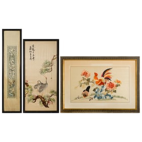 Three Chinese 'flower and bird' and 'figural' embroideries, Republic period