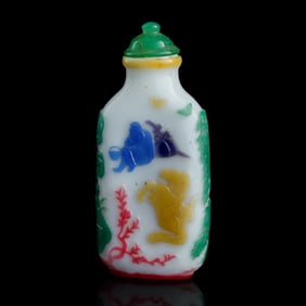 A Chinese multi-color-overlay white Peking glass snuff bottle, 18th century