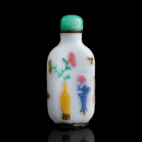 A Chinese multi-color-overlay white Peking glass snuff bottle, 18th century
