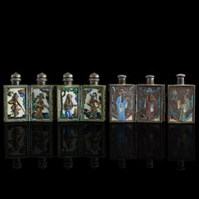 Two sets of Chinese silver enamel snuff bottles, 19th century