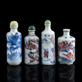 Four Chinese blue and copper-red-underglazed snuff bottles, 19th century