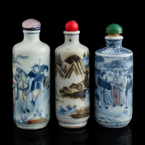 Three Chinese blue and copper red-underglazed snuff bottles, 19th century