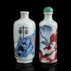 Two Chinese blue and copper red-underglazed snuff bottles, 19th century