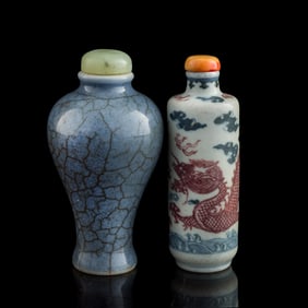 A blue-glazed and a blue and copper-red-underglazed snuff bottles, 19th century