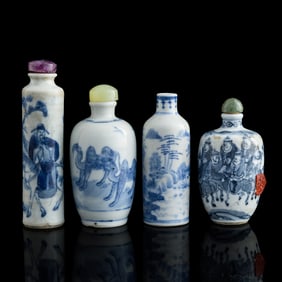 Four Chinese blue and white 'figural' snuff bottles, 19th century