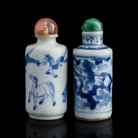 Two Chinese blue and white snuff bottles, 19th century