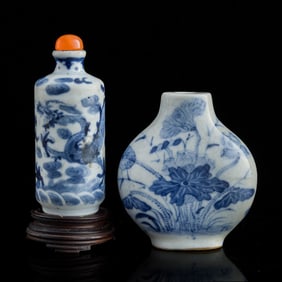 Two Chinese blue and white snuff bottles, 19th century