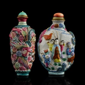 Two Chinese carved porcelain famille rose snuff bottles, 19th century