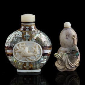 A Chinese MOP-inlaid and an opal snuff bottles, late 19th century