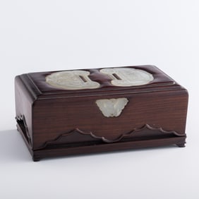 A Chinese hardwood box inset with white jade plaques, Qing dynasty (jade)