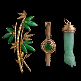 Three Chinese jadeite-inlaid pieces of jewelry, Republic period