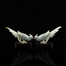A pair of Chinese carved jadeite long-tailed birds, Republic period