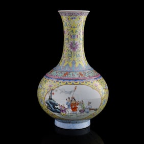 A Chinese yellow-ground famille rose 'children playing' shang vase, Republic period