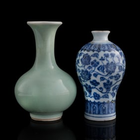 A Chinese blue and white meiping and a celadon vase, Ming/Qing dynasty