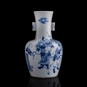 A Chinese blue and white 'figural' vase with tubular handles, late 19th century
