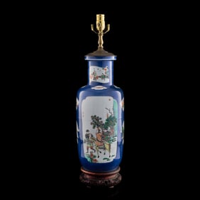 A Chinese powder blue and wucai rouleau vase lamp, 19th century