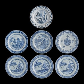 Seven Chinese export blue and white plates, 18th/early 19th century