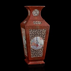 A Chinese gilt-decorated iron-red and famille rose square vase, 19th century