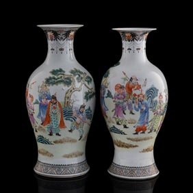 A pair of Chinese famille rose 'Eight Foreign Tribute Bearers' Guanyin vases, Republic period