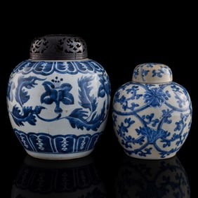 Two Chinese blue and white lidded jars, Qing dynasty