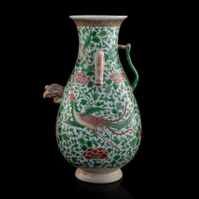 A Chinese wucai 'phoenix and peony' vase, Qing dynasty