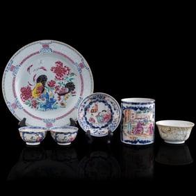 Six Chinese export famille rose plates, bowls and cups, 18th/19th century