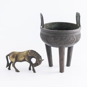 A Chinese bronze censer and horse, Qing dynasty