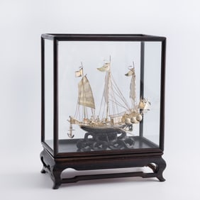 A Chinese silver sail boat, late 19th century