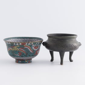 A Chinese bronze censer and a cloisonne bowl, Ming/Qing dynasty