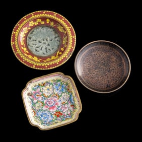 Two Chinese cloisonné dishes and a painted enamel dish, late 19th century