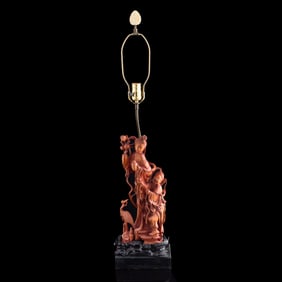 A Chinese carved wood figural lamp, late 19th century