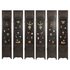 A six-panel Chinese precious stone-inlaid hardwood screen, early 20th century