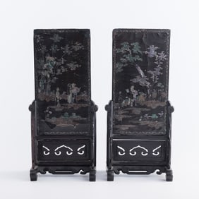 A pair of Chinese MOP-inlaid black lacquer table screens, 17th/18th century