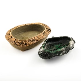 A Chinese qiyang stone water coupe and a malachite water coupe, 18th/19th century