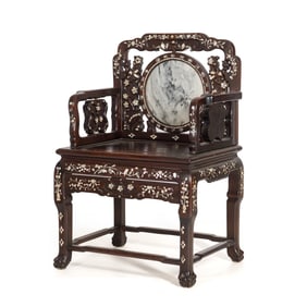A Chinese hardwood marble-inlaid chair, late 19th century