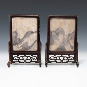 A pair of Chinese marble-insert table screens, 19th century