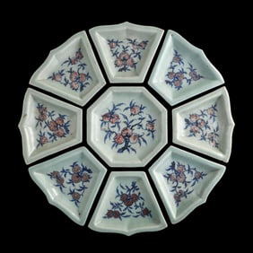 A Chinese celadon-ground blue and copper-red-underglazed dish set, late 18th century
