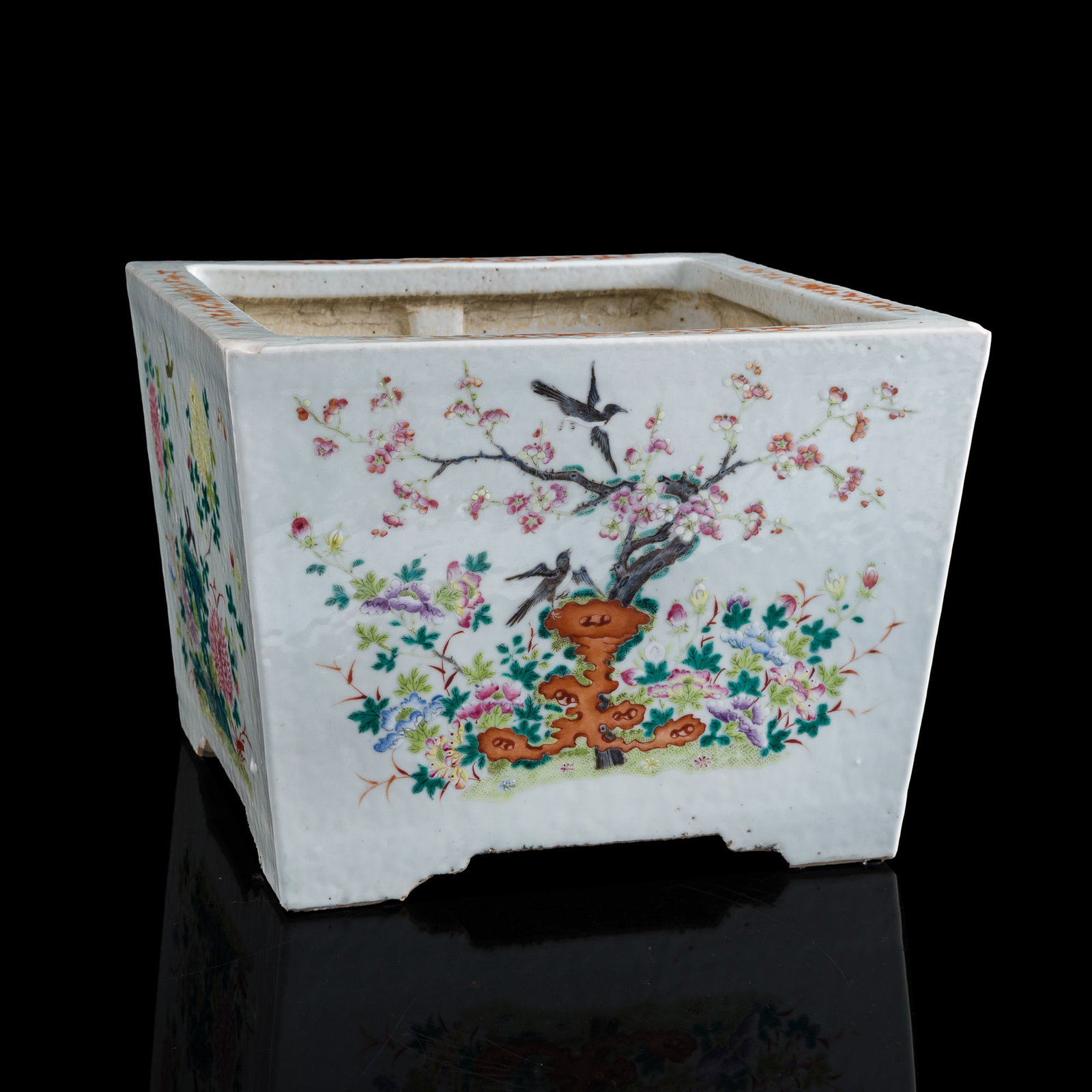 A Chinese famille rose 'flower and bird' square planter, 19th century: A Chinese famille rose 'flower and bird' square planter 19th century H: 9 7/8, W: 13 1/4 in. (H: 25.08, W: 33.66 cm.) From a Florida private collection, assembled by a seasoned collector of Chinese ar