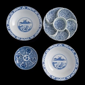 Two Chinese blue and white dishes and a pair of bowls, Qing dynasty