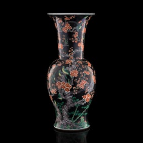 A large Chinese black-ground wucai phoenix-tail vase, 19th century
