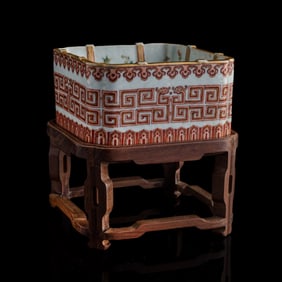 A Chinese iron red and famille rose square washer, Daoguang period, Qing dynasty