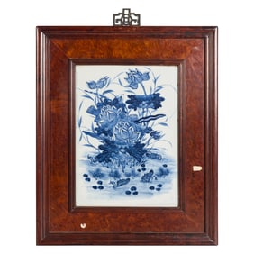 A Chinese blue and white 'lotus pond' porcelain plaque, 19th century