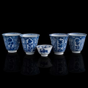 Five Chinese blue and white cups, Qing dynasty