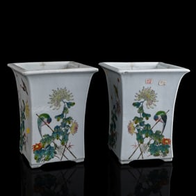 A pair of Chinese 'flower and bird' planters, Republic period