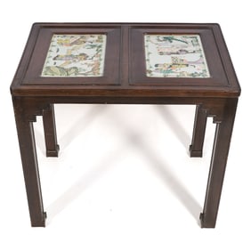 A Chinese hardwood table inset with porcelain plaques, Republic period