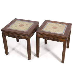 A pair of Chinese hardwood stools inset with porcelain plaques, 19th century