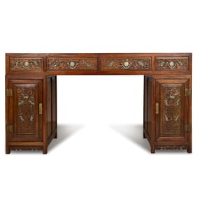 A Chinese jade-inlaid hardwood writing desk